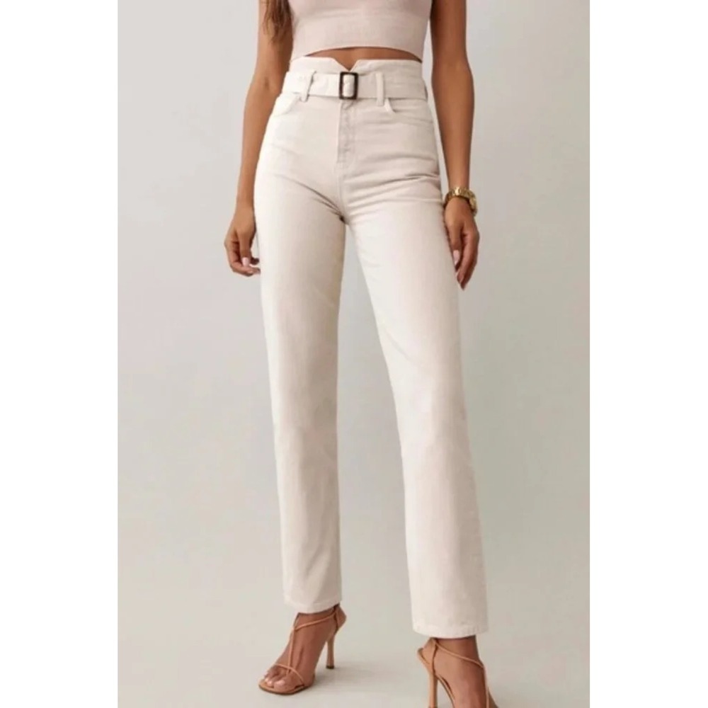 Reformation Cynthia Belted High Rise Straight Jeans Beige Bone Size 27 NEW